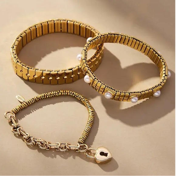 Anthropologie Jewelry - Anthropologie Mixed Beaded Stretch Bracelets Set of 3 in Gold/Pearl | NWT
